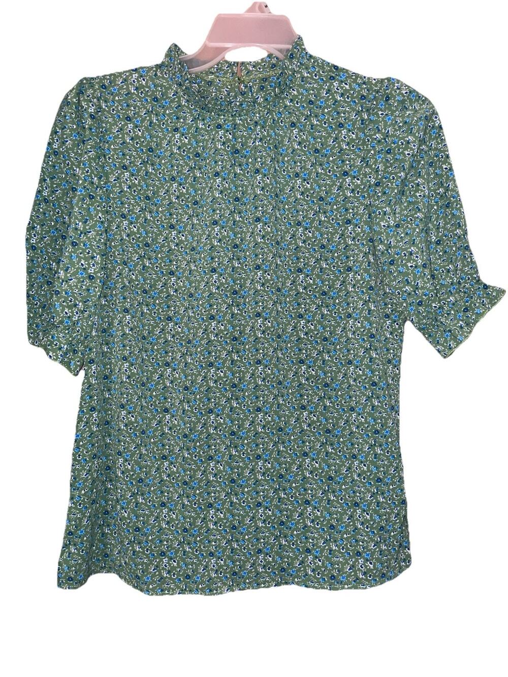 Zilin Women’s Light Silky Green Floral Blouse With Ruffle Collar Sz S 3/4 Sleeve
